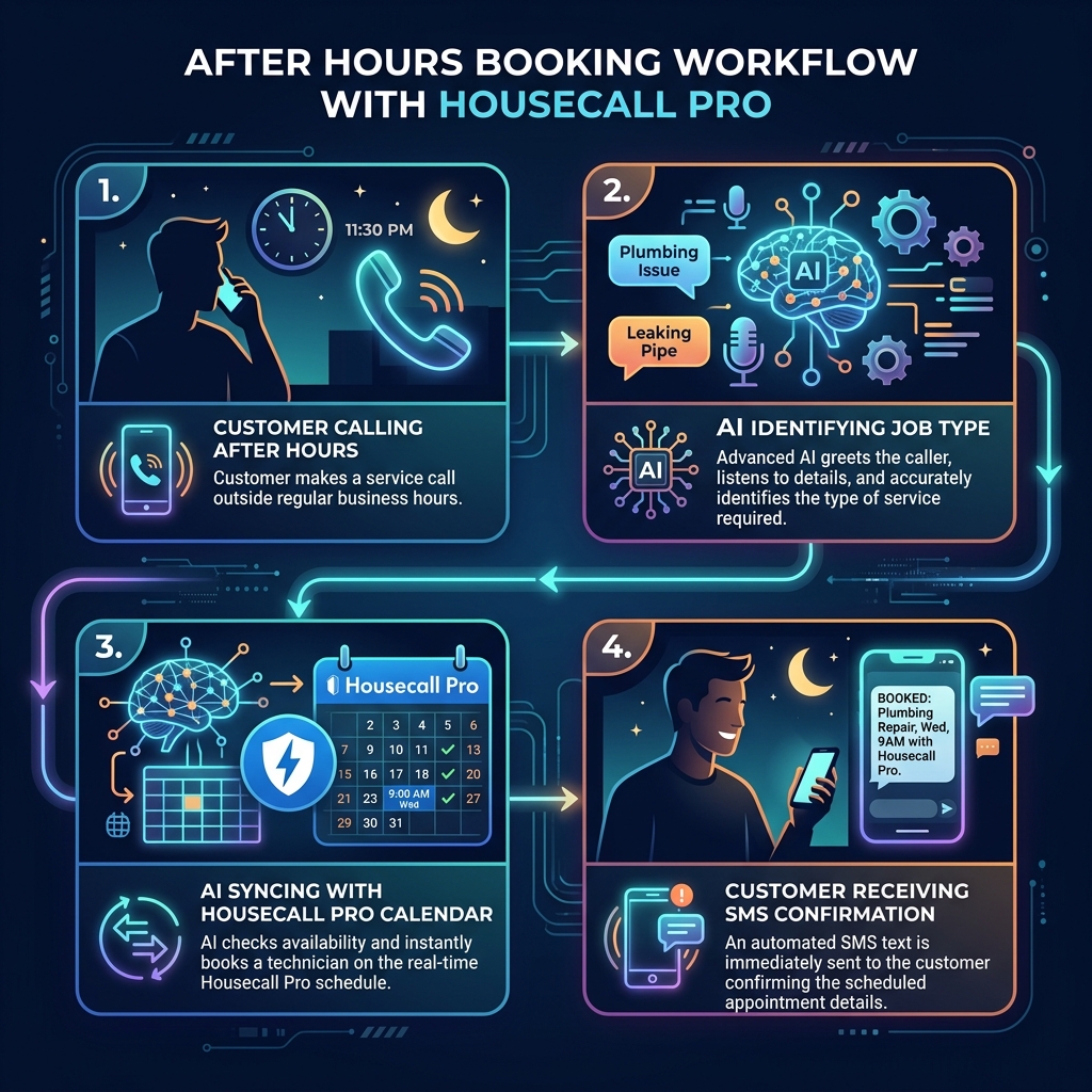 Process diagram showing Housecall Pro automated booking for plumbers handling after hours appointment scheduling.