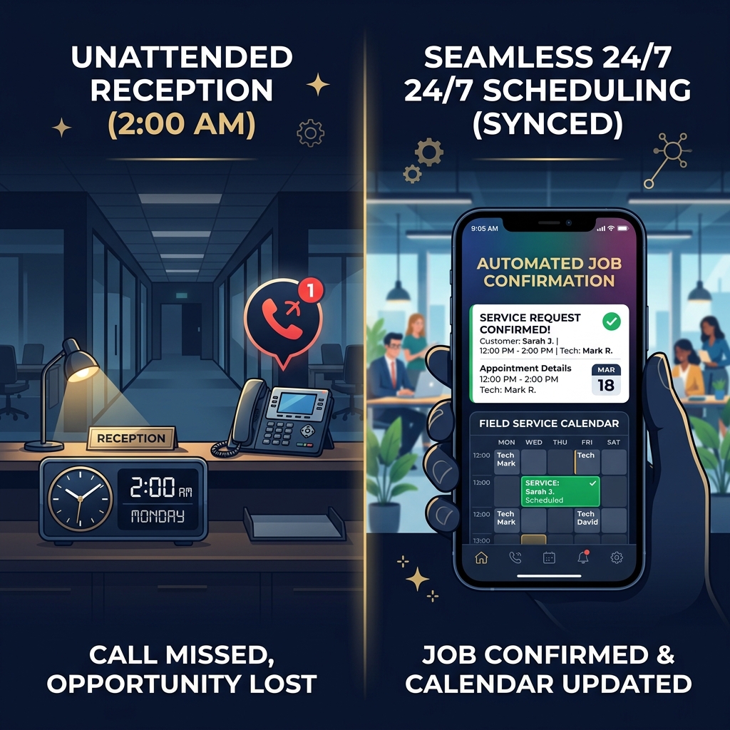 Comparison of an empty plumbing front desk at night vs an automated after hours appointment scheduling system.