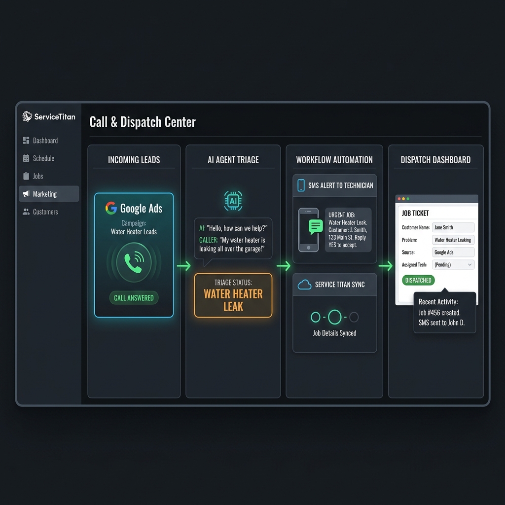 AI receptionist software integrating with ServiceTitan to automate plumbing dispatch and capture missed leads.
